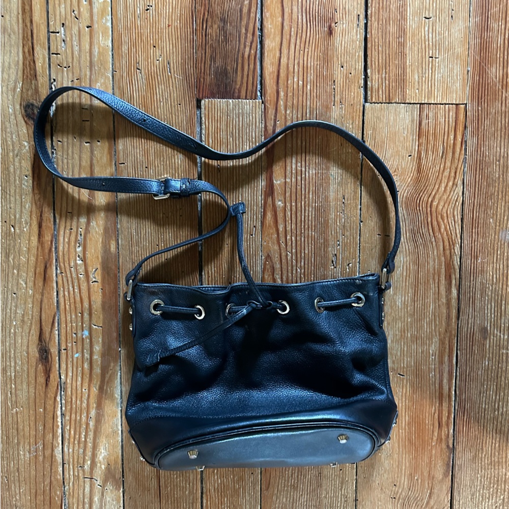 Vintage Black Leather Drawstring Bucket Shoulder Bag